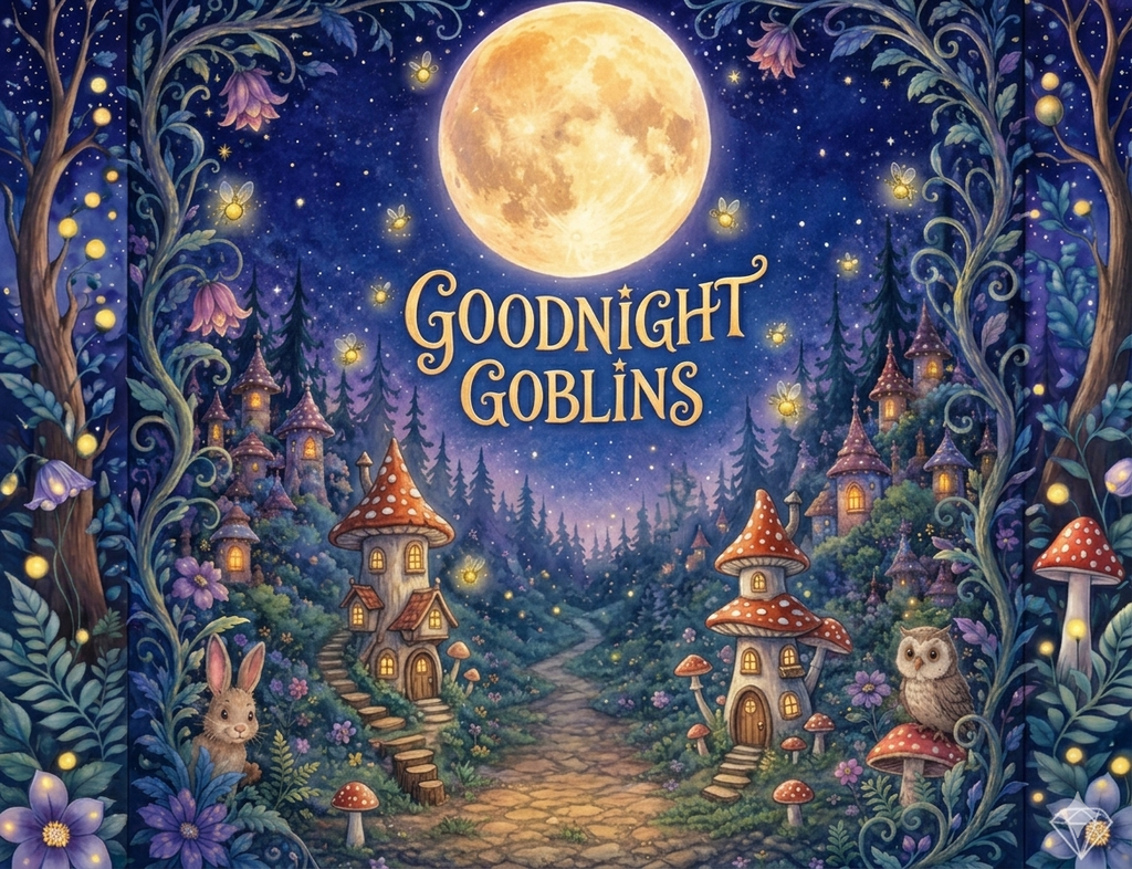 Children's bedtime story book about three kind goblins Pip Dot and Wumble