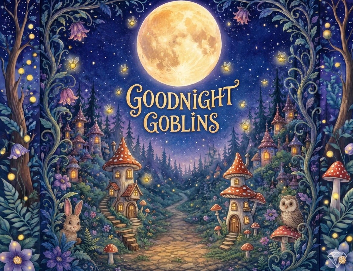 Children's bedtime story book about three kind goblins Pip Dot and Wumble