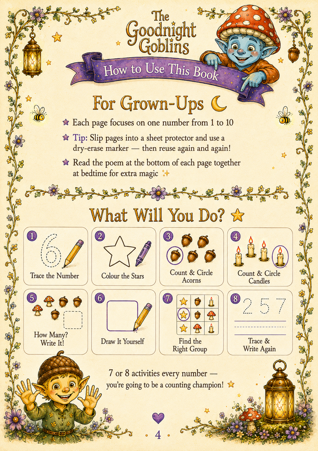 Instructions for using a children's educational book on numbers, featuring illustrations of gnomes and decorative elements.