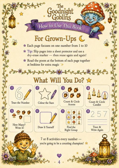 Instructions for using a children's educational book on numbers, featuring illustrations of gnomes and decorative elements.