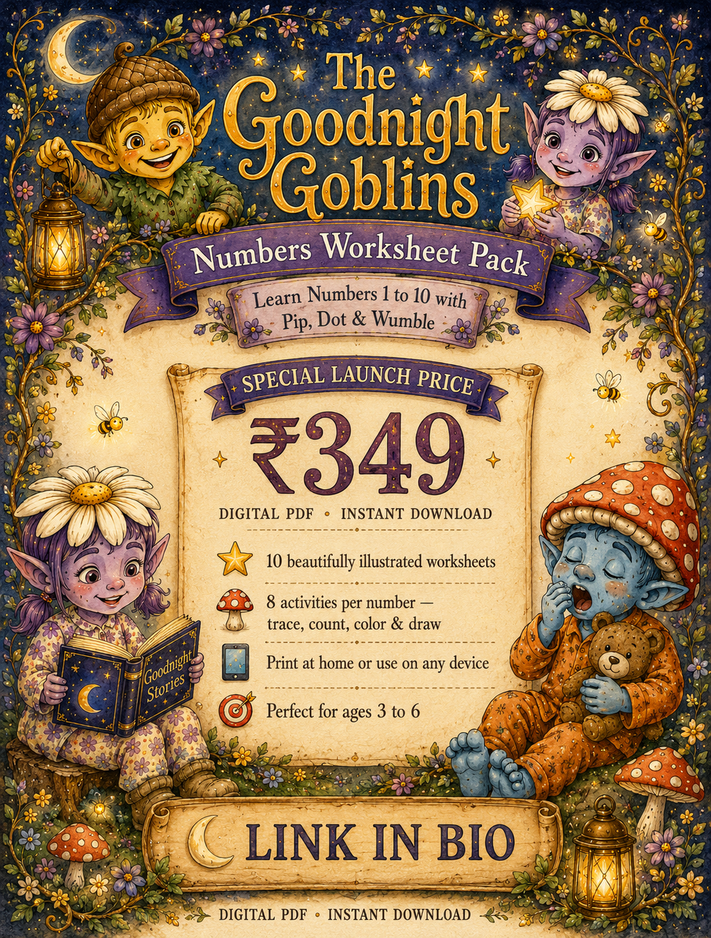 Promotional poster for 'The Goodnight Goblins Numbers Worksheet Pack' with cartoon goblins and pricing information.