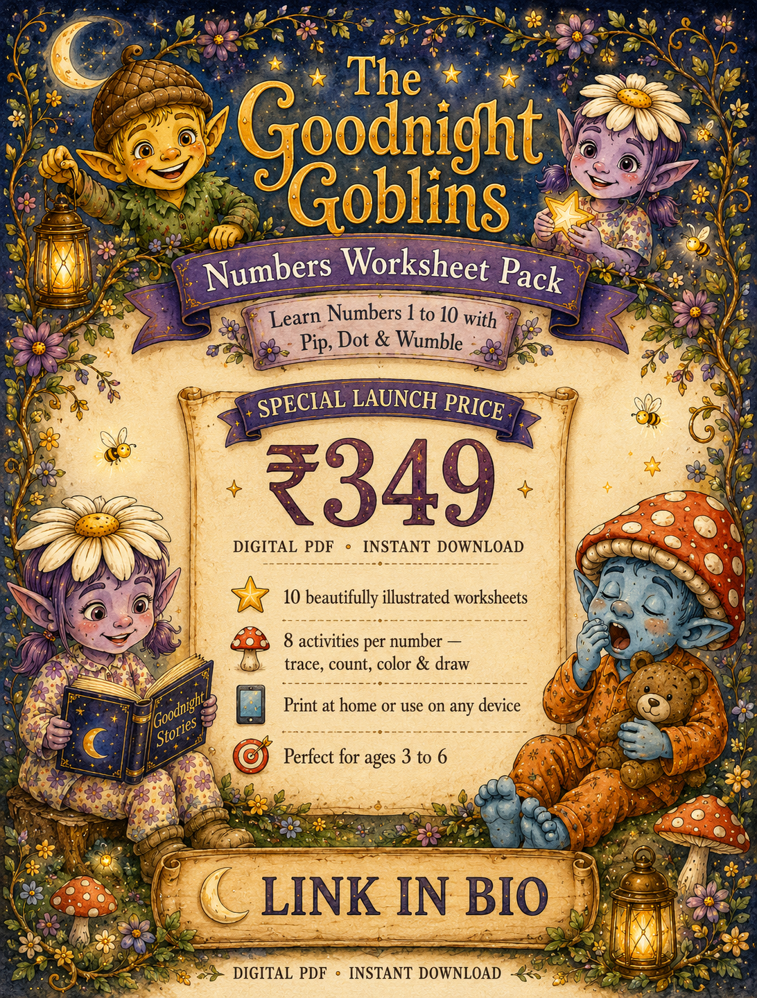 Promotional poster for 'The Goodnight Goblins Numbers Worksheet Pack' with cartoon goblins and pricing information.