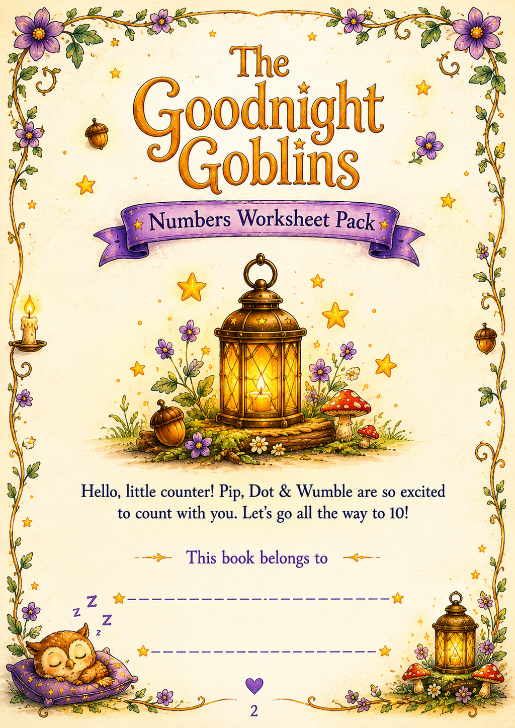 Cover of 'The Goodnight Goblins Numbers Worksheet Pack' with a lantern and floral design.
