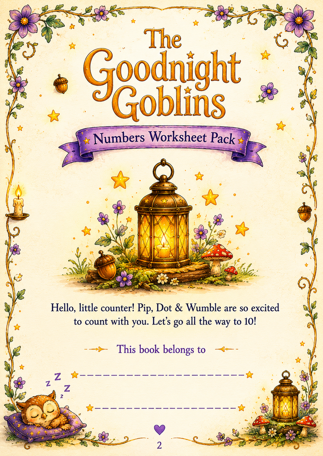 Cover of 'The Goodnight Goblins Numbers Worksheet Pack' with a lantern and floral design.