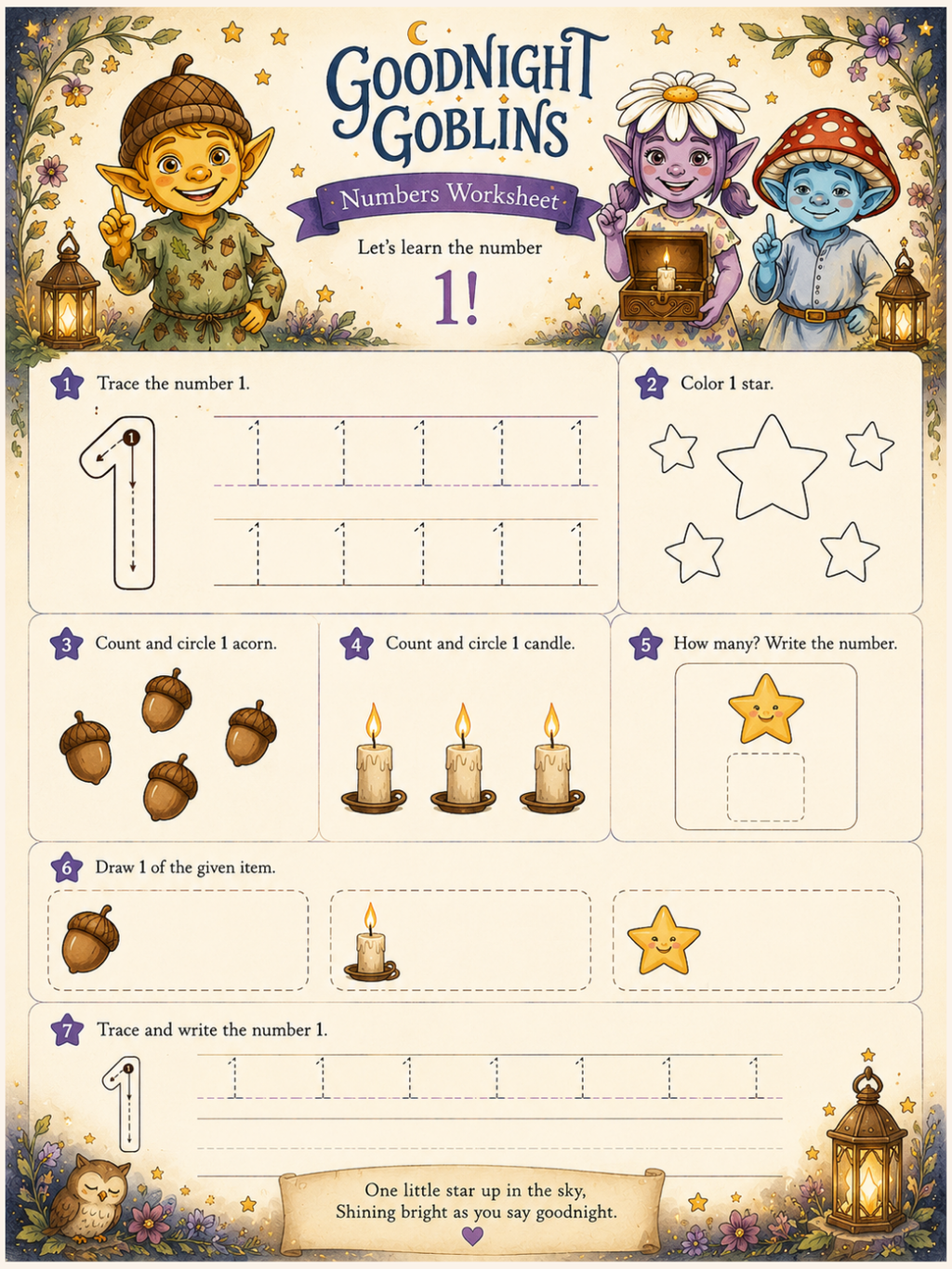 Educational worksheet for children titled 'Goodnight Goblins' with number 1 learning activities.